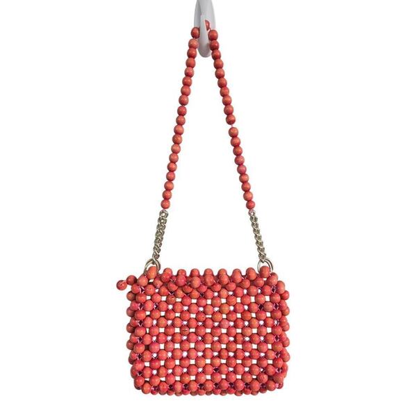 VTG 60s Wooden Bead Shoulder Purse Red/Coral Silver Chain Zipper Pink Interior - Picture 3 of 4